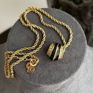 Vintage Christian Dior Black Enamel Rhinestone Hoop Pendant Gold Chain Necklace